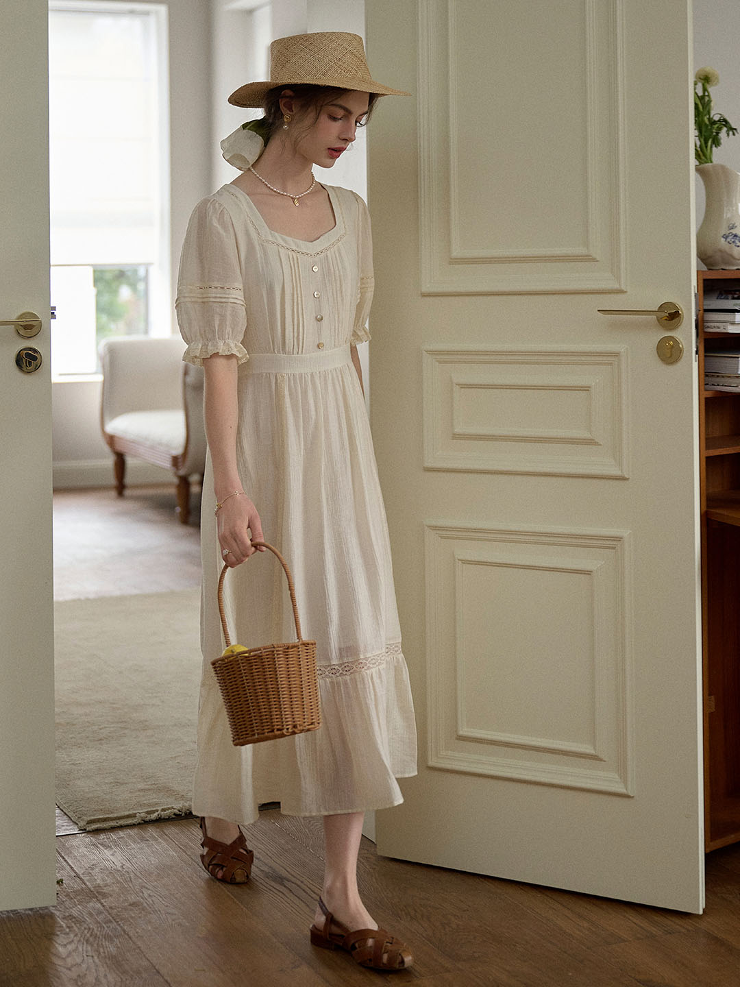 Serena Square Neck Puff Sleeve Lace Hollow Dress- Off White