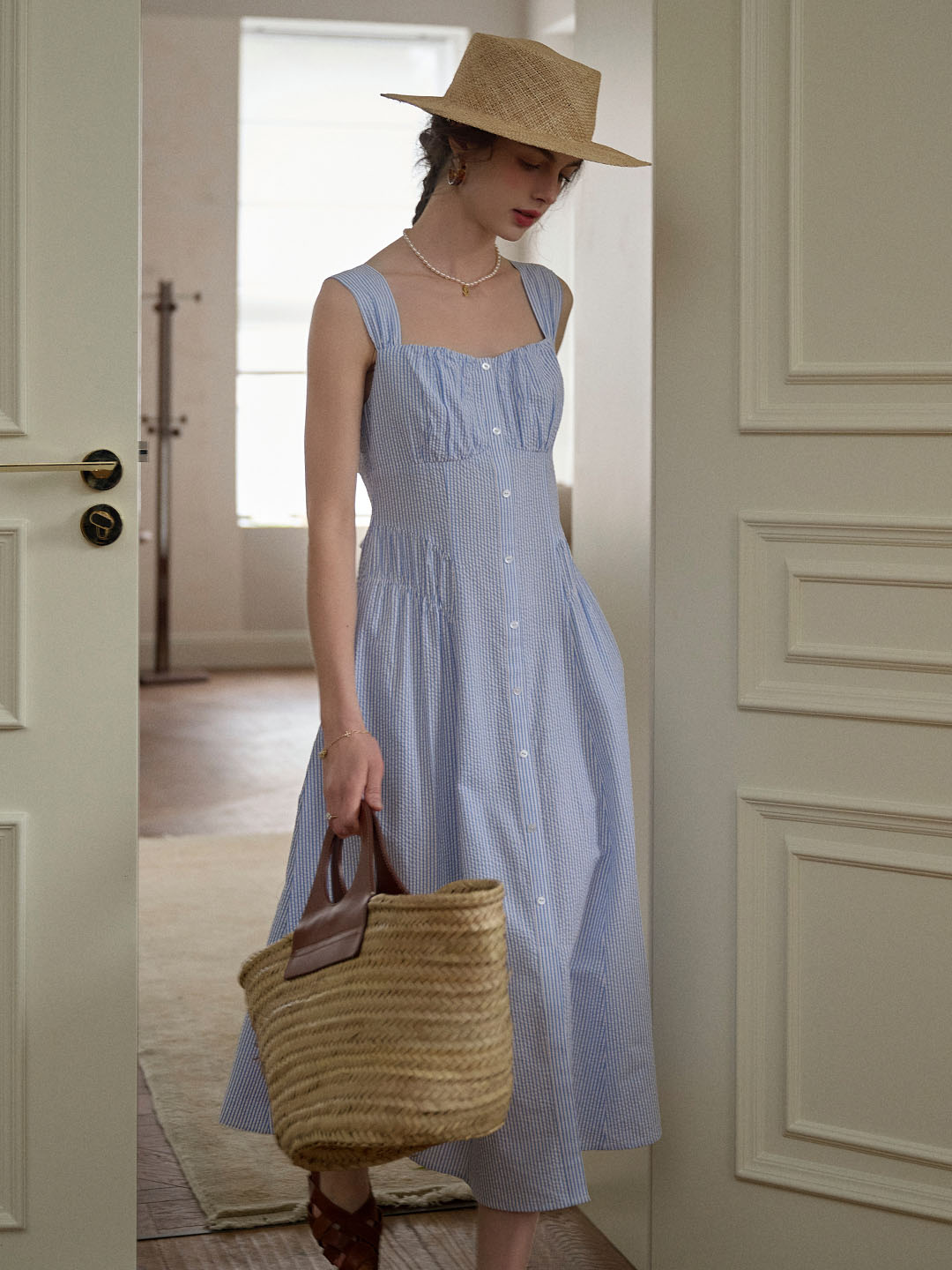 Mariah Simple Square Neck Striped A-line Cotton Dress- Blue
