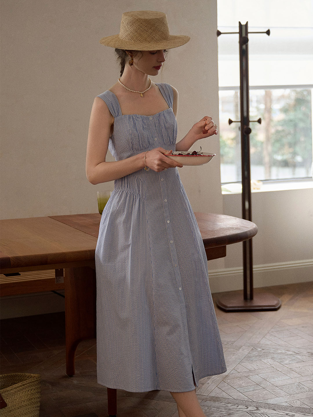 Mariah Simple Square Neck Striped A-line Cotton Dress- Blue