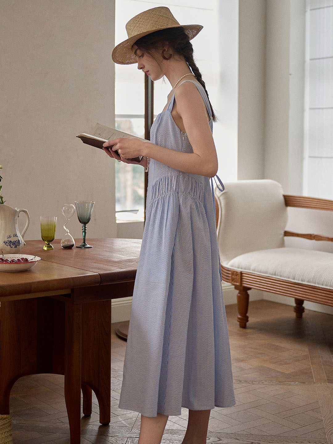 Mariah Simple Square Neck Striped A-line Cotton Dress- Blue