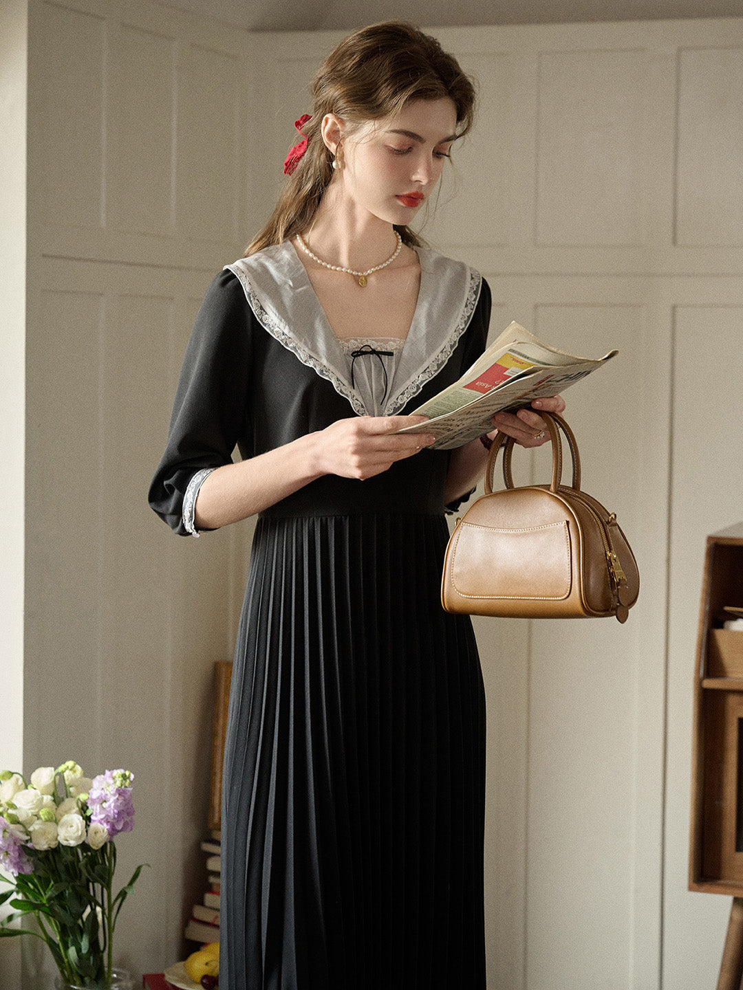 【Final Sale】Ellie Square Neck Pleated Viscose Dress