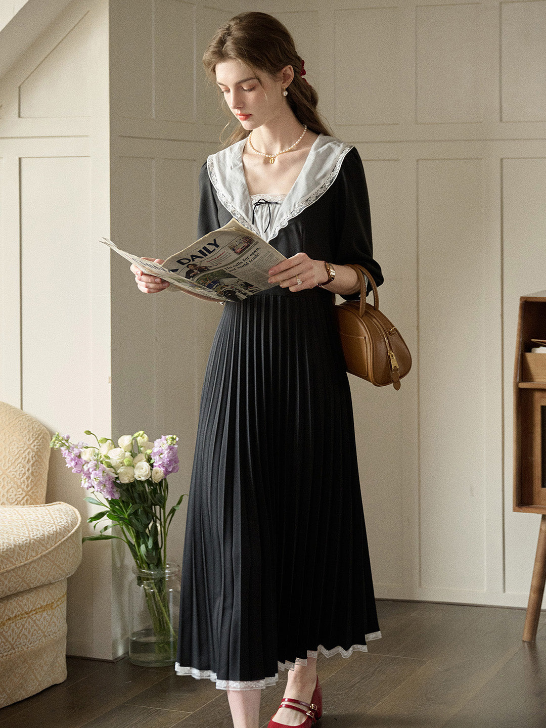 【Final Sale】Ellie Square Neck Pleated Viscose Dress
