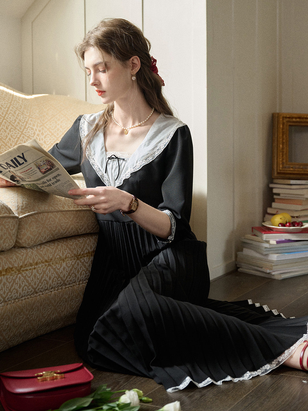 【Final Sale】Ellie Square Neck Pleated Viscose Dress