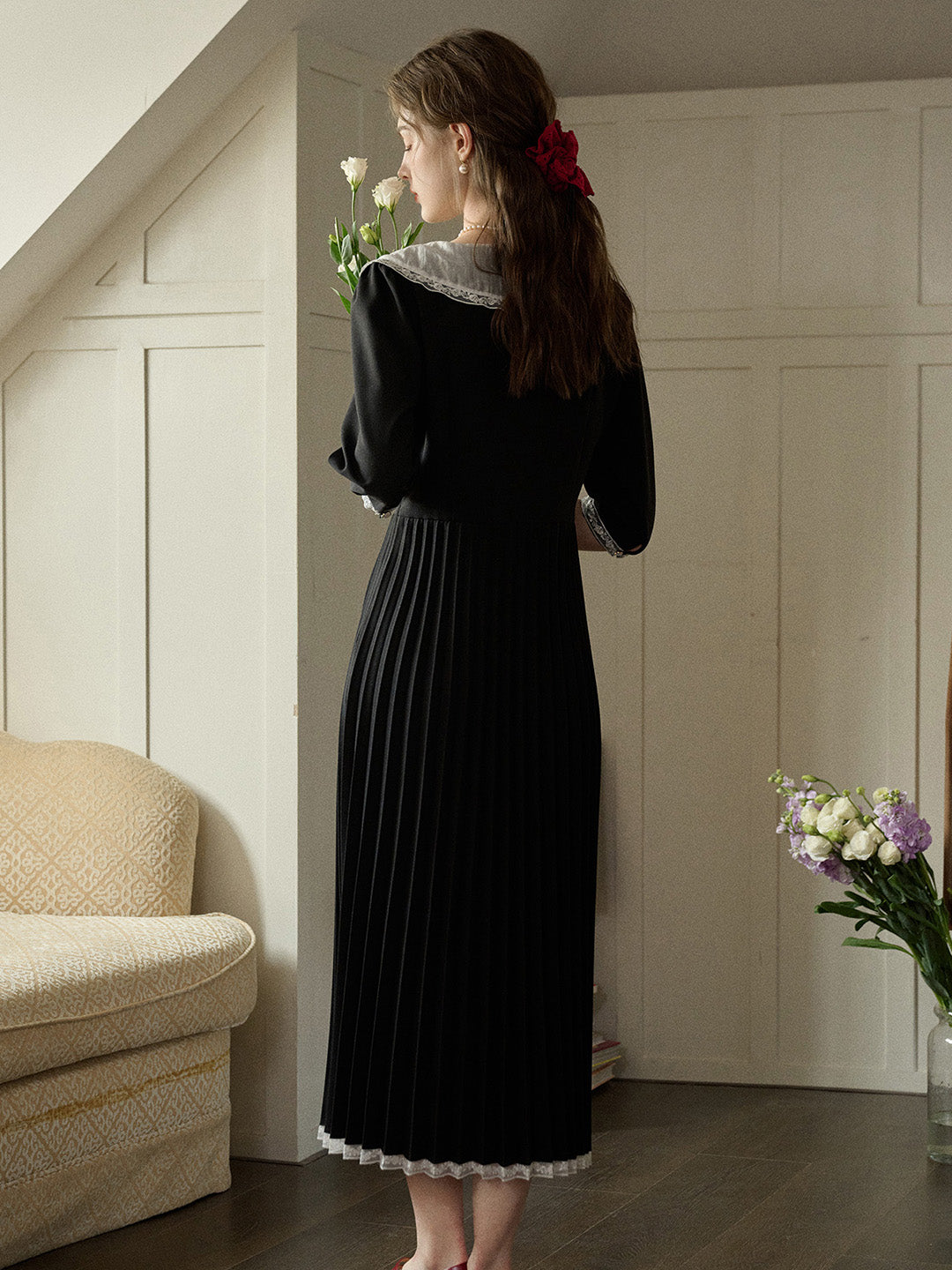 【Final Sale】Ellie Square Neck Pleated Viscose Dress