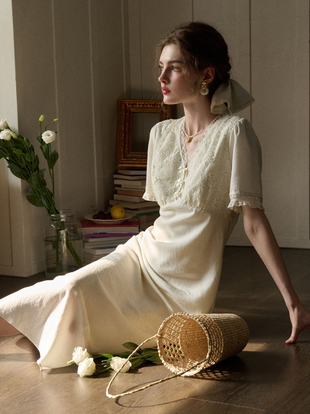 【Final Sale】Talia Romantic Rose Lace Bow V-neck Puff Sleeve Dress