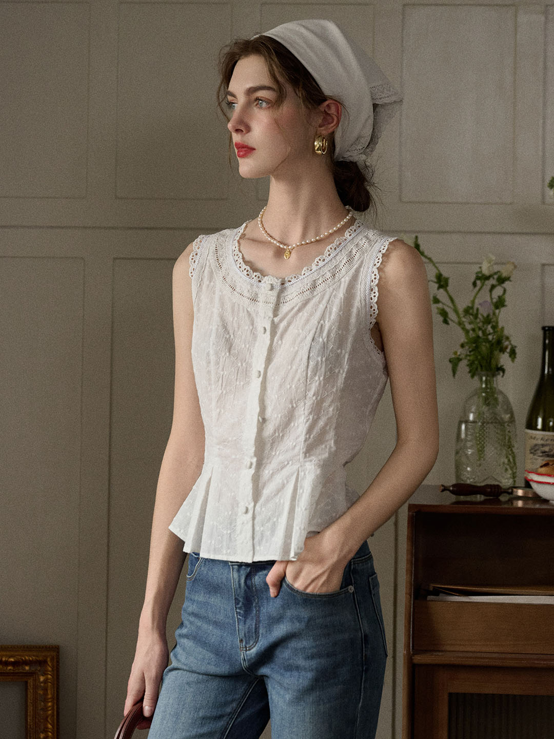 Esme Lace Paneled Crewneck Embroidered Tank Top