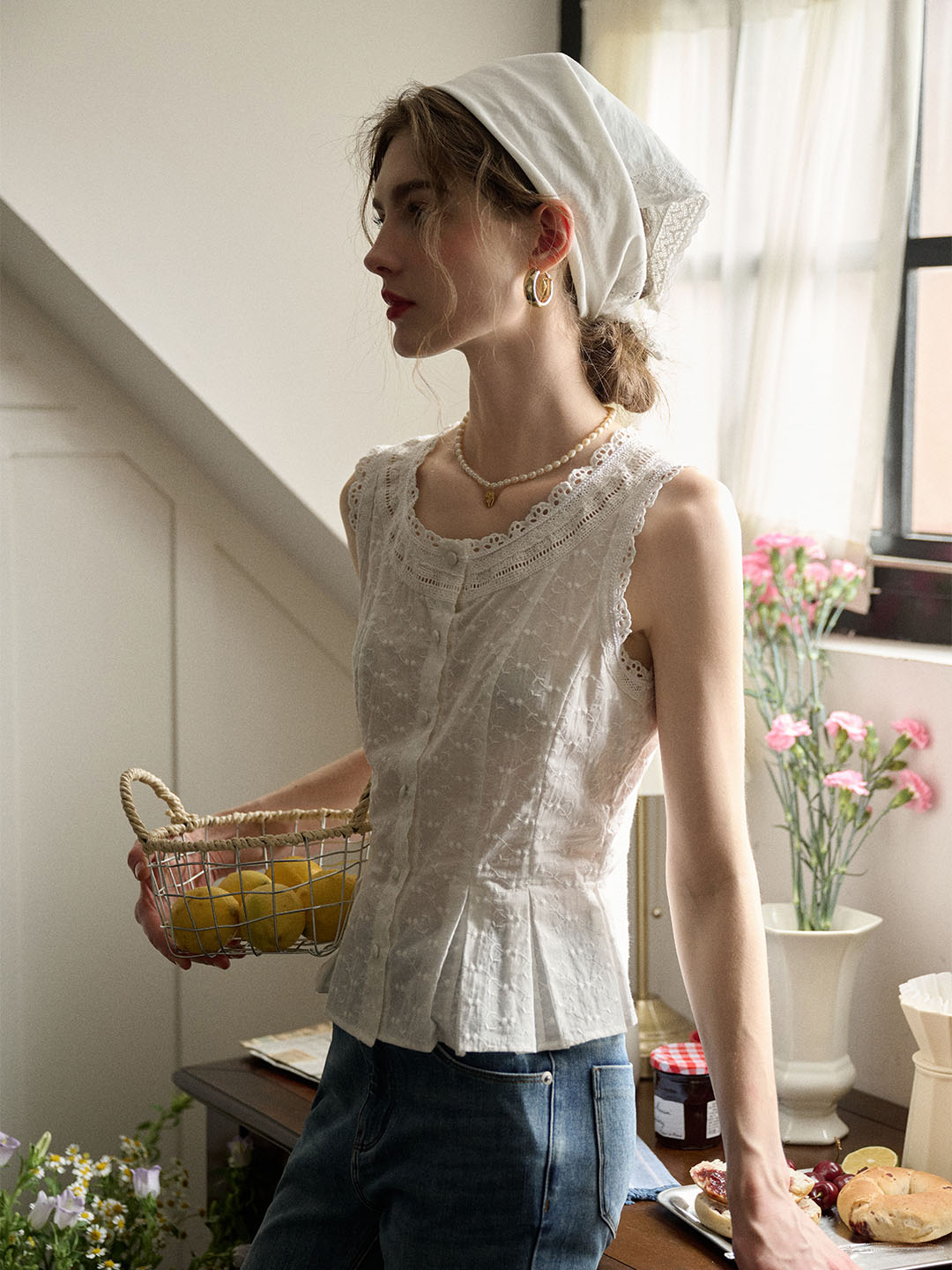 Esme Lace Paneled Crewneck Embroidered Tank Top