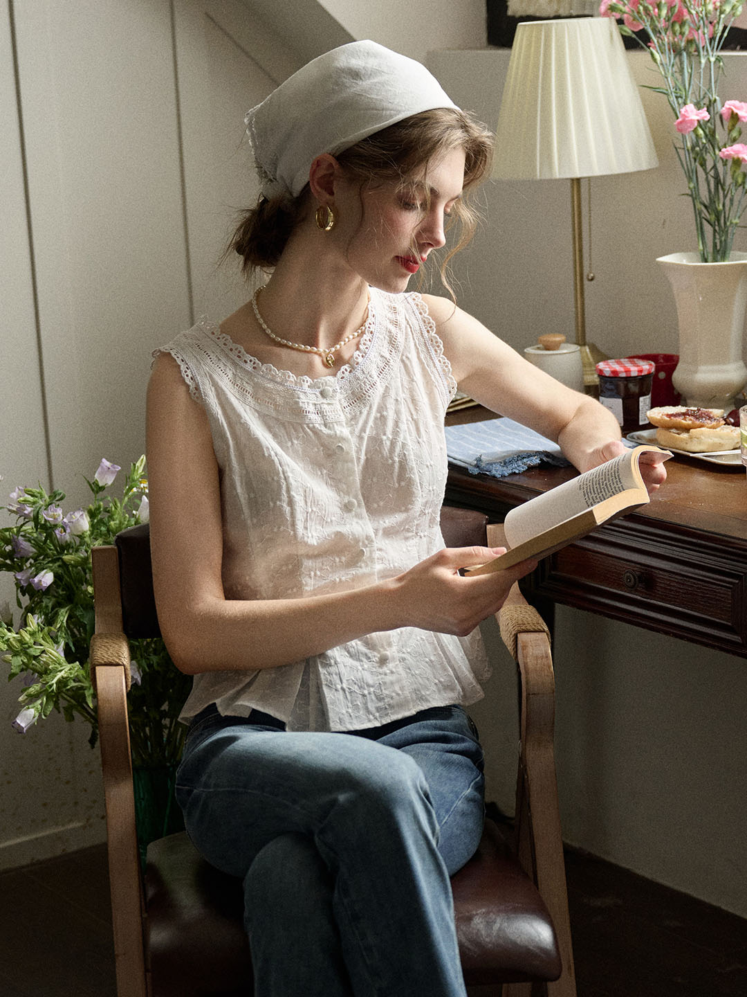 Esme Lace Paneled Crewneck Embroidered Tank Top