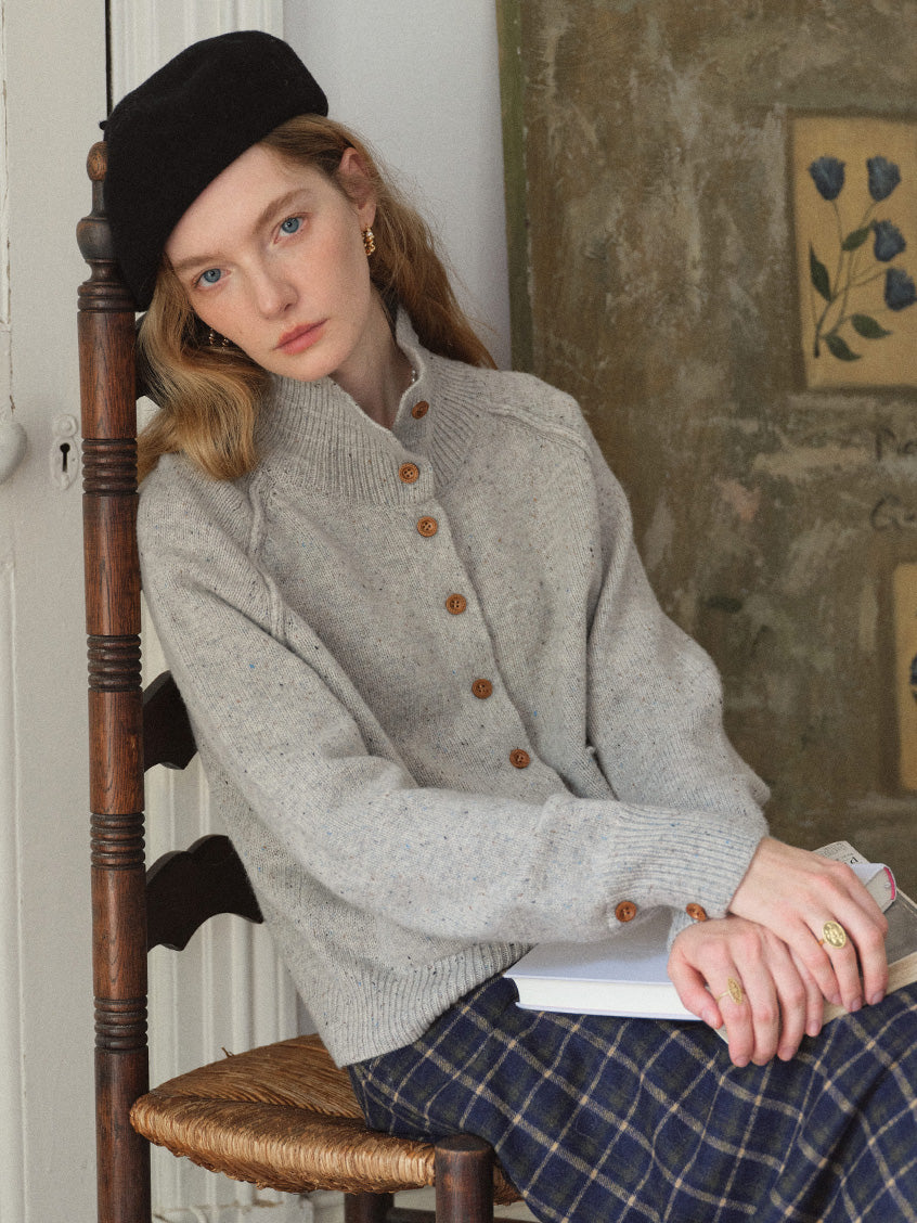 Halima 100%Wool Stand-Collar Cropped Cardigan