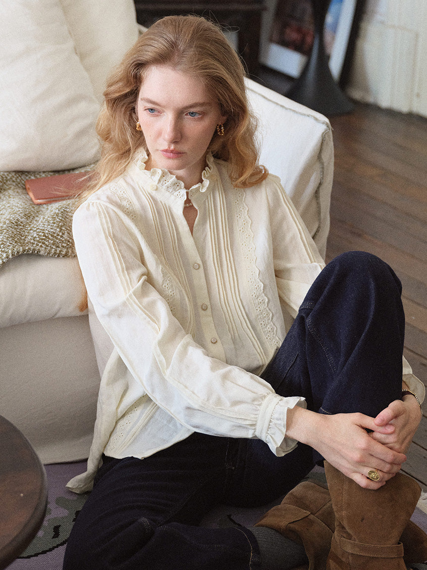 Cerise French Lace-Ruffle Regular Tencel Blouse