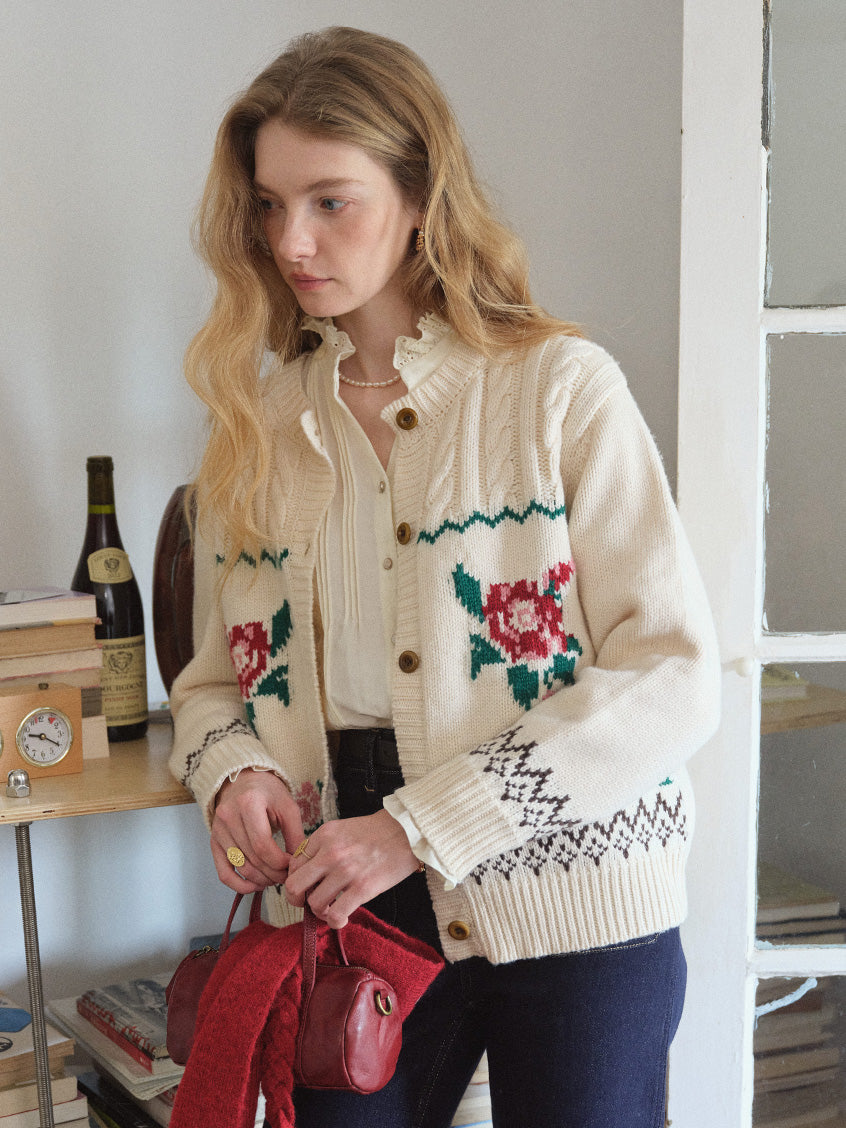 Rosalind Rose-Jacquard Folk Cropped Wool Cardigan