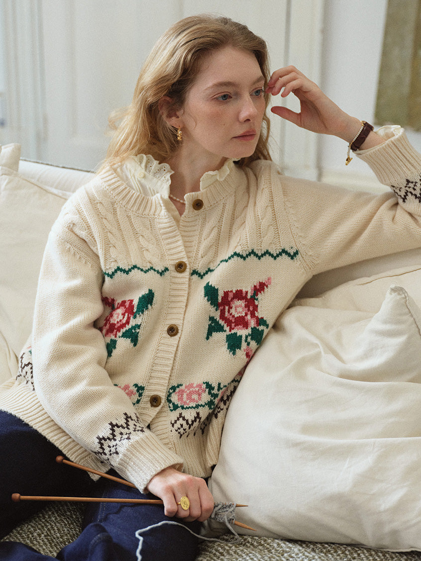 Rosalind Rose-Jacquard Folk Cropped Wool Cardigan