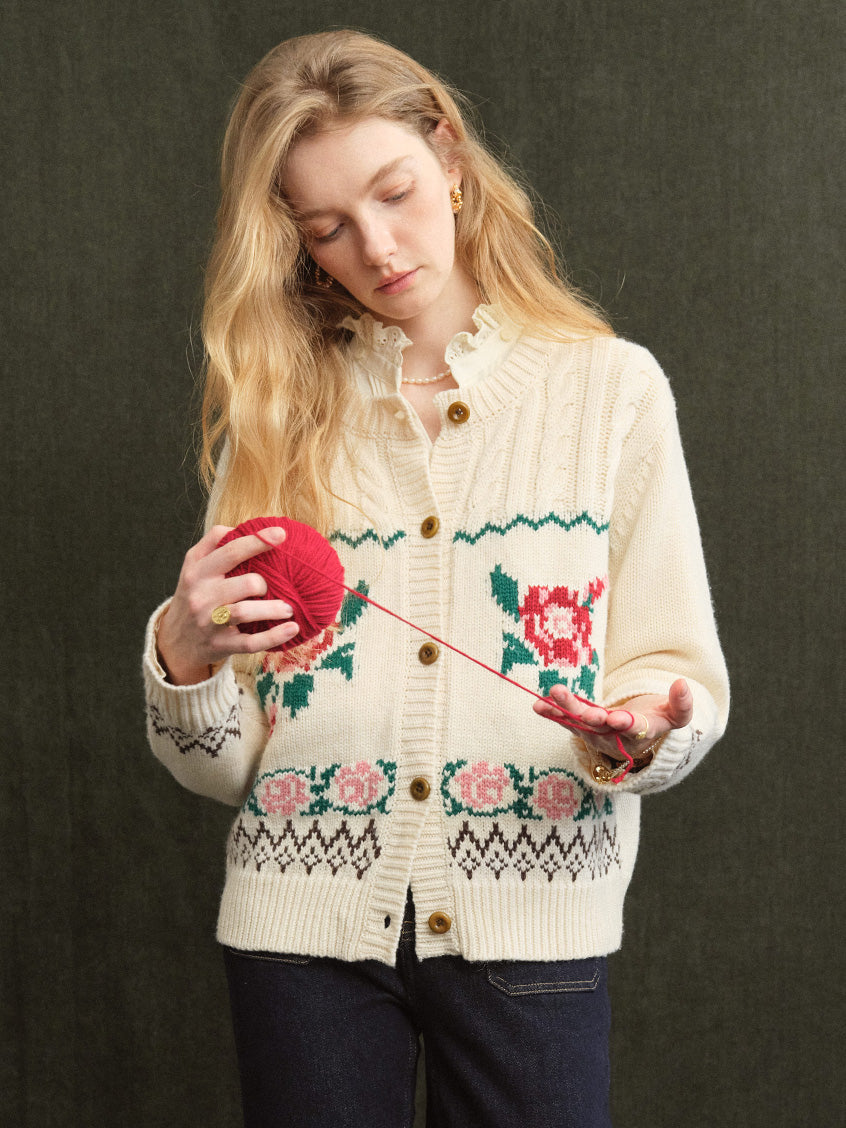 Rosalind Rose-Jacquard Folk Cropped Wool Cardigan