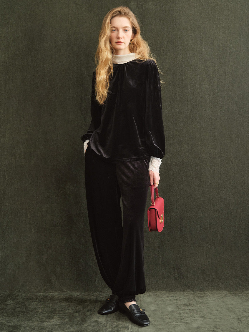 Sonia Lace Two-Way Tie-Collar Velvet Blouse