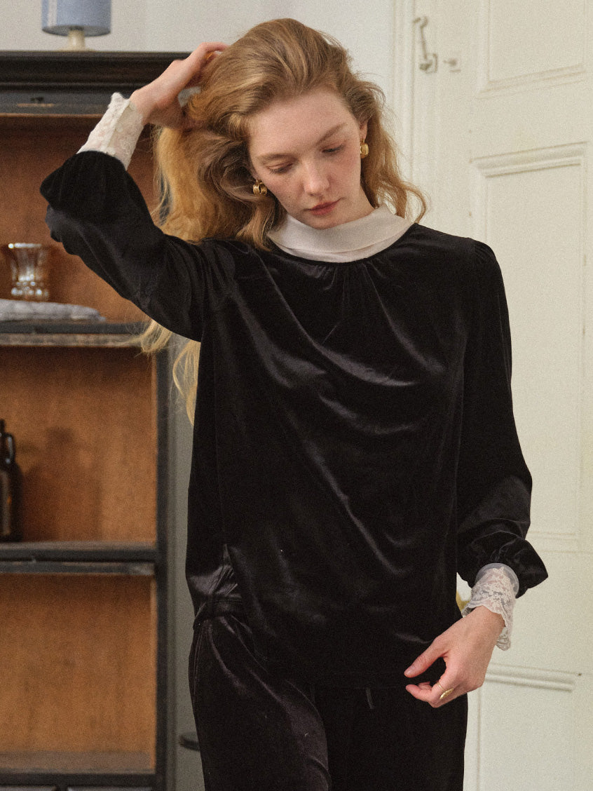 Sonia Lace Two-Way Tie-Collar Velvet Blouse