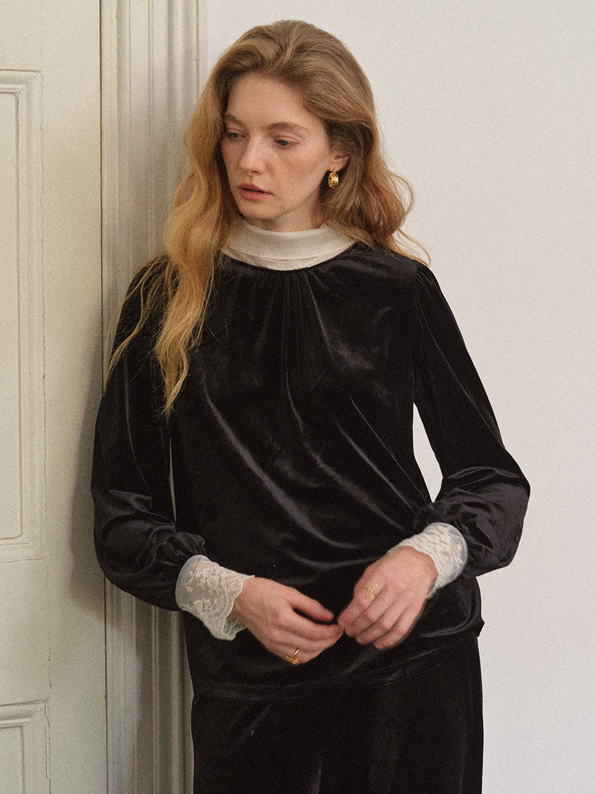 Sonia Lace Two-Way Tie-Collar Velvet Blouse