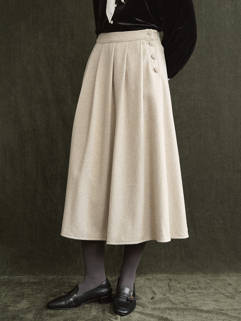 Modesty Pleated Buttoned Tweed Midi Skirt
