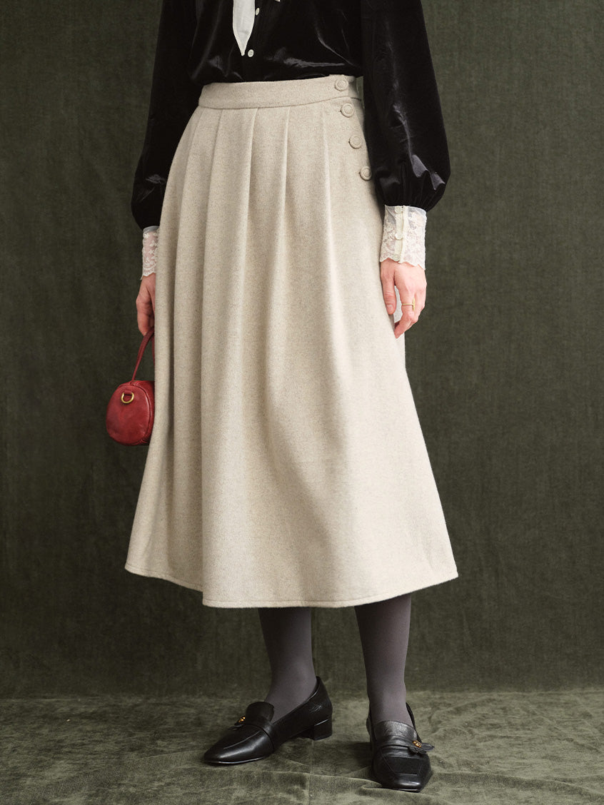 Modesty Pleated Buttoned Tweed Midi Skirt