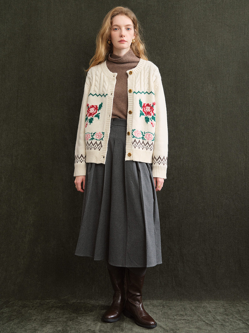 Rosalind Rose-Jacquard Folk Cropped Wool Cardigan