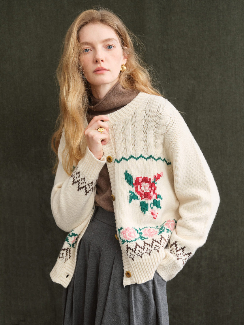 Rosalind Rose-Jacquard Folk Cropped Wool Cardigan