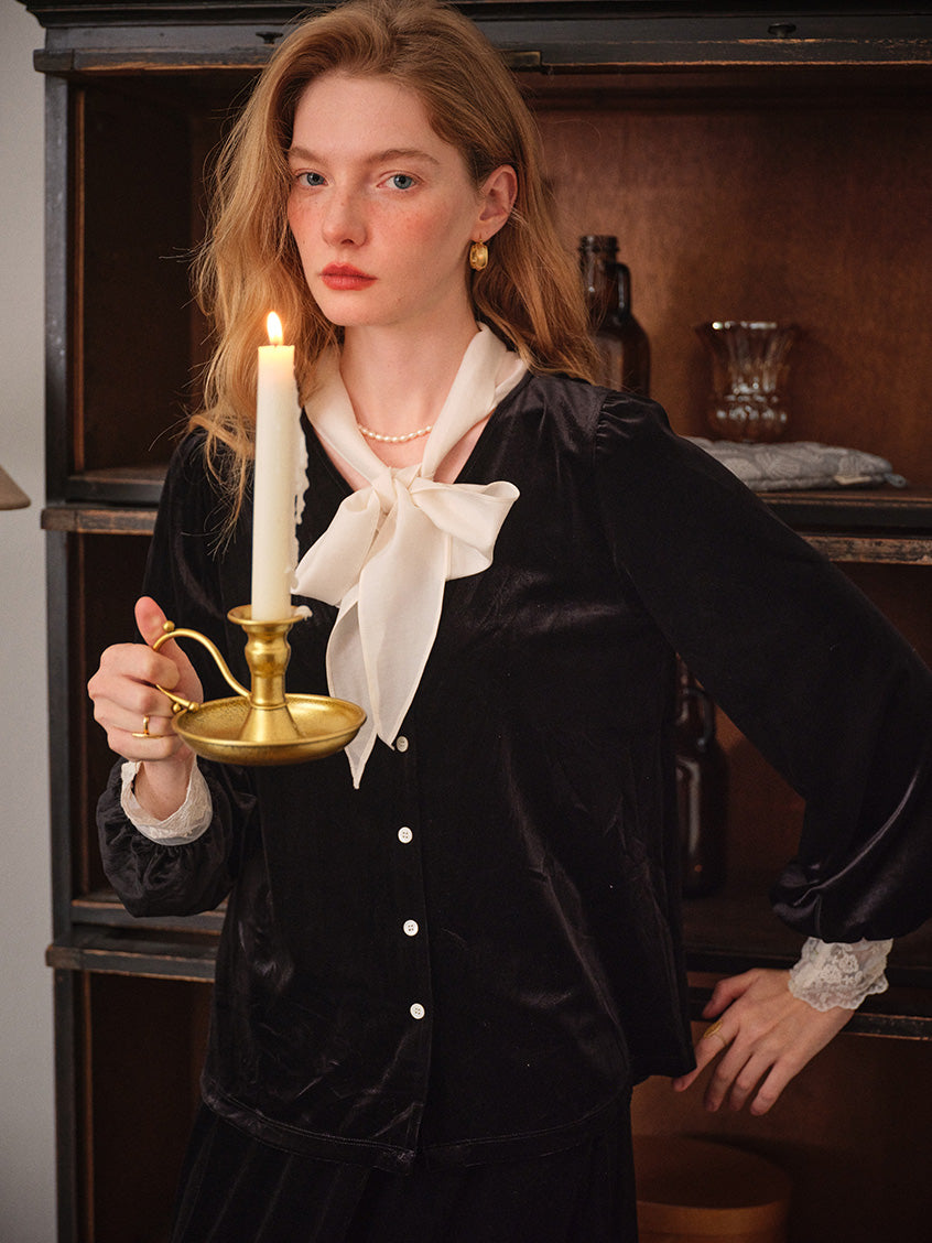 Sonia Lace Two-Way Tie-Collar Velvet Blouse