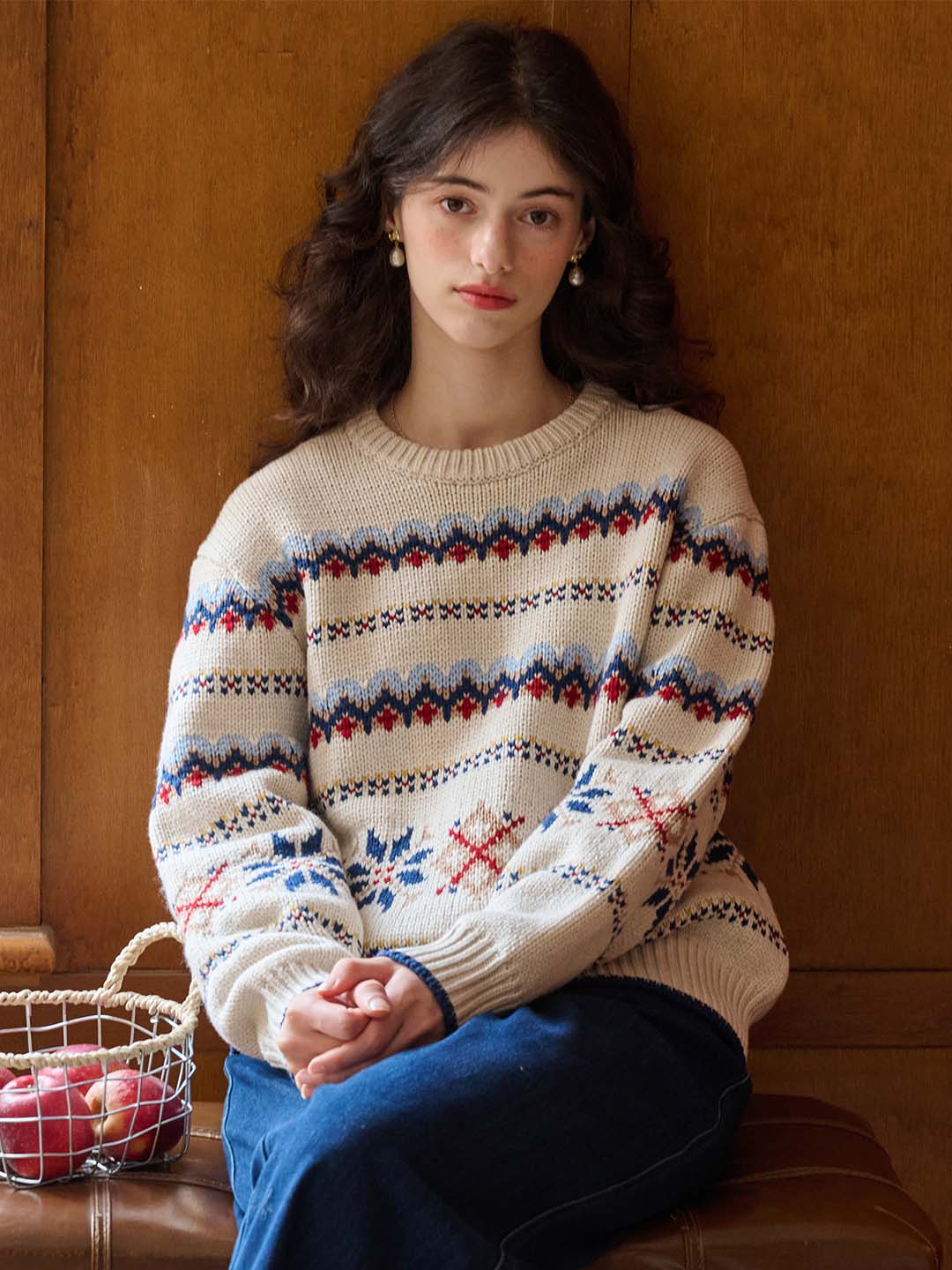 Melanie Ribbed Crew Neck Fair Isle Geometric Sweater