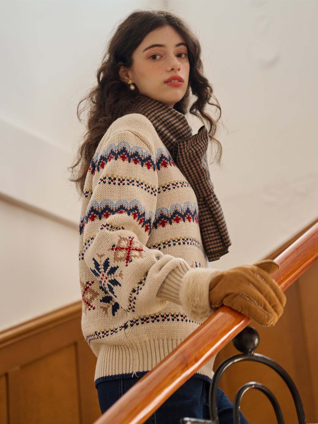 Melanie Ribbed Crew Neck Fair Isle Geometric Sweater