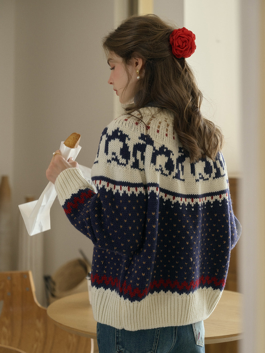 Artemis Round Neck SR Exclusive Penguin Design Fair Isle Wool Cardigan - Blue