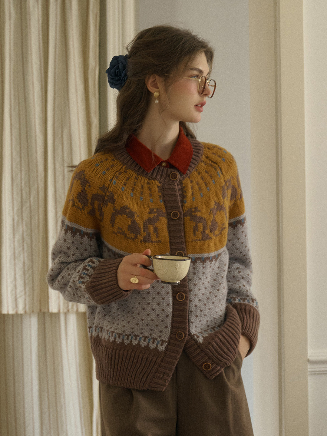 Artemis Round Neck SR Exclusive Penguin Design Fair Isle Wool Cardigan - Blue