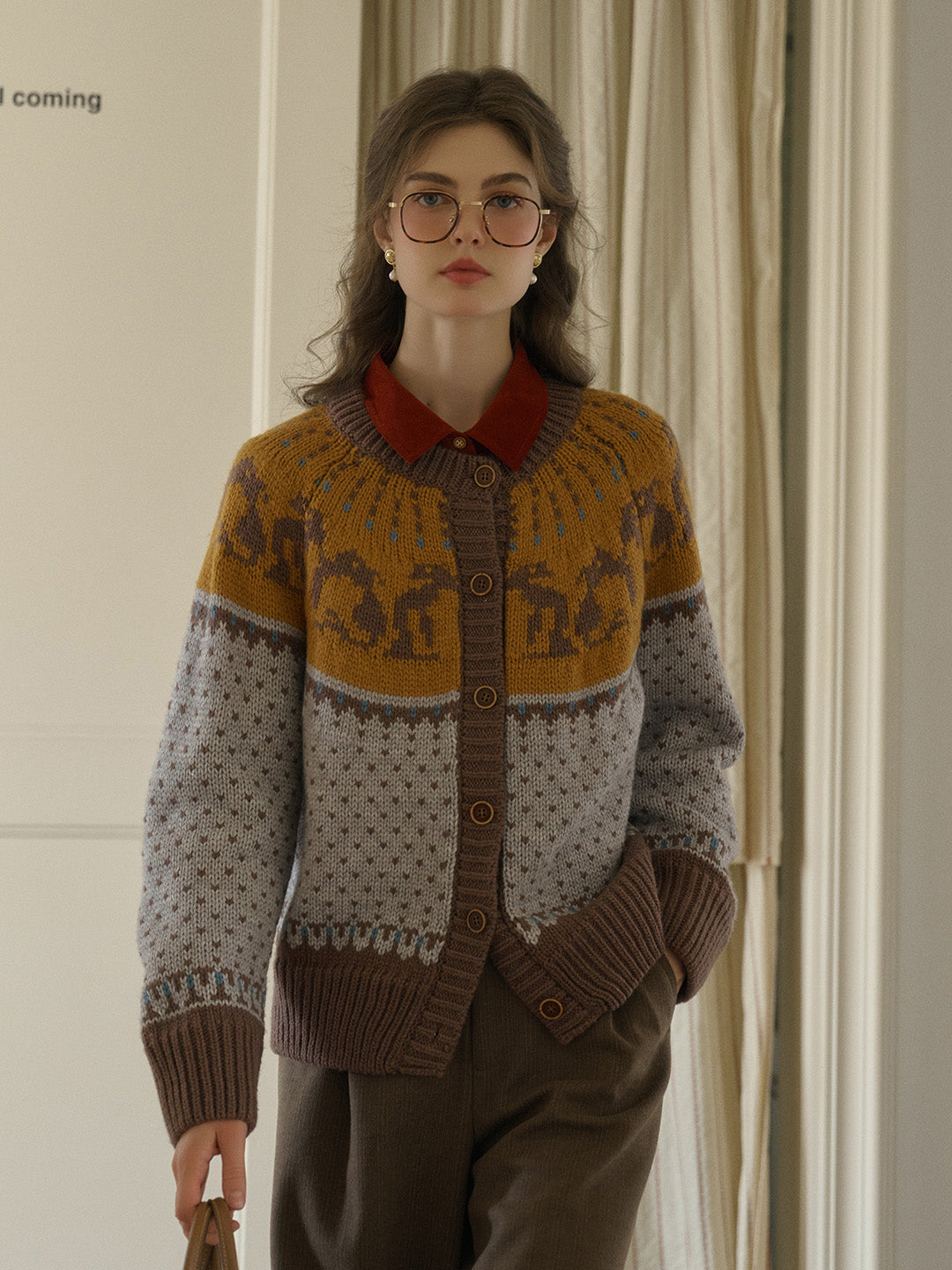 Artemis Round Neck SR Exclusive Penguin Design Fair Isle Wool Cardigan - Blue