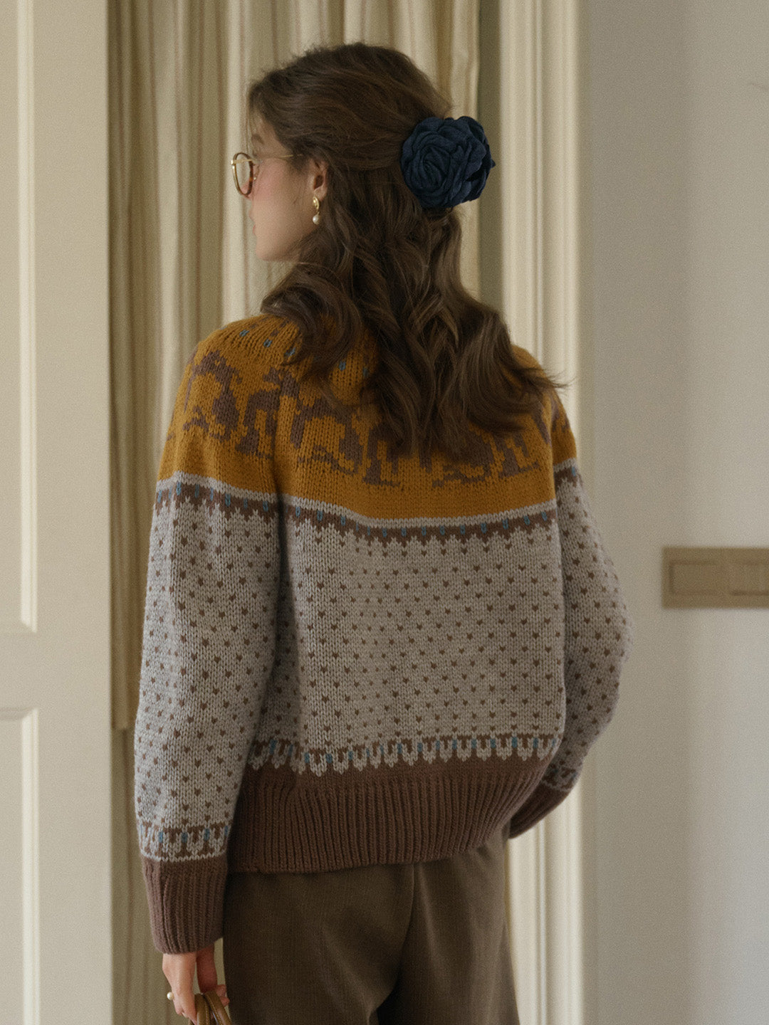 Artemis Round Neck SR Exclusive Penguin Design Fair Isle Wool Cardigan - Blue