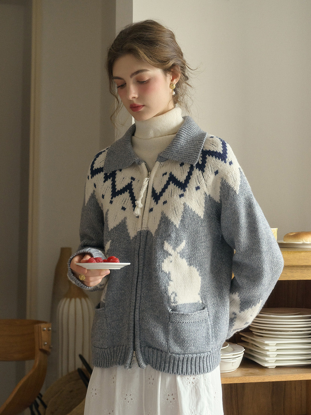 Ailany Notched Collar Fair Isle Double Zipper Wool Cardigan