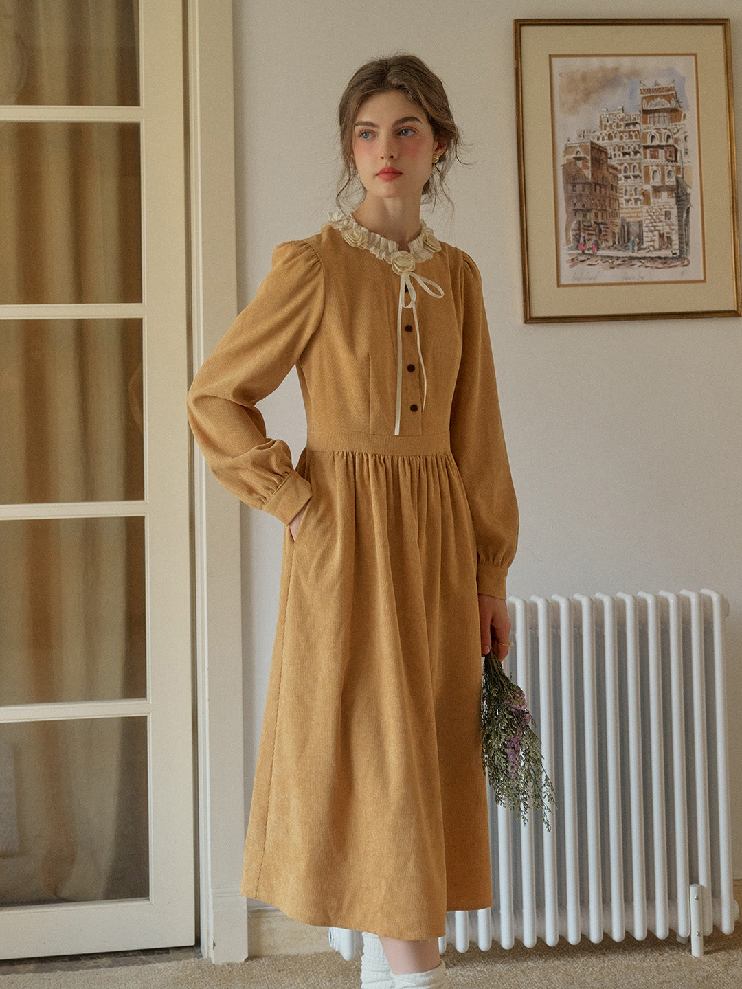 Amiri Romantic 3D Crochet Flowers Trimmed Corduroy Dress