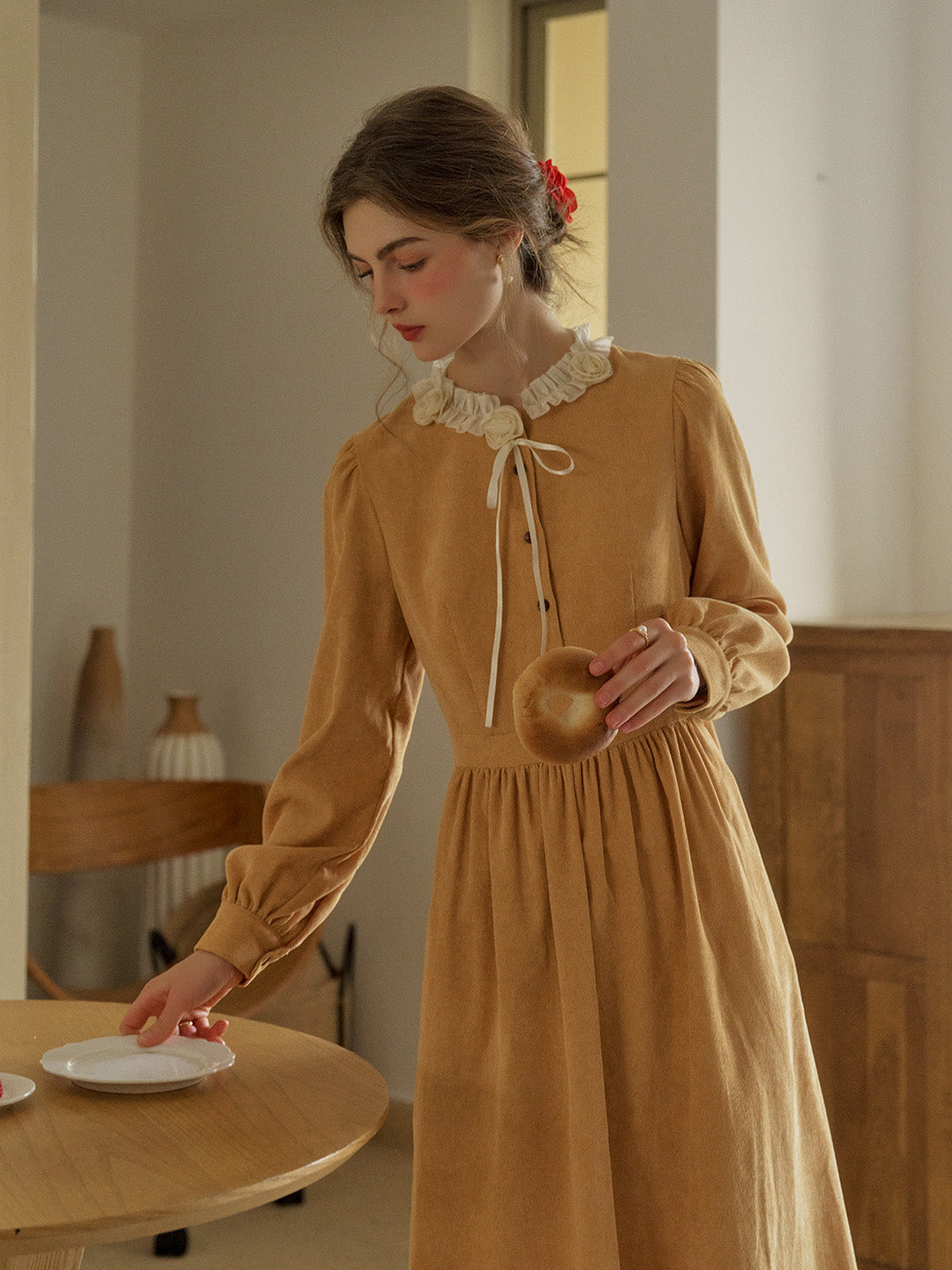 Amiri Romantic 3D Crochet Flowers Trimmed Corduroy Dress