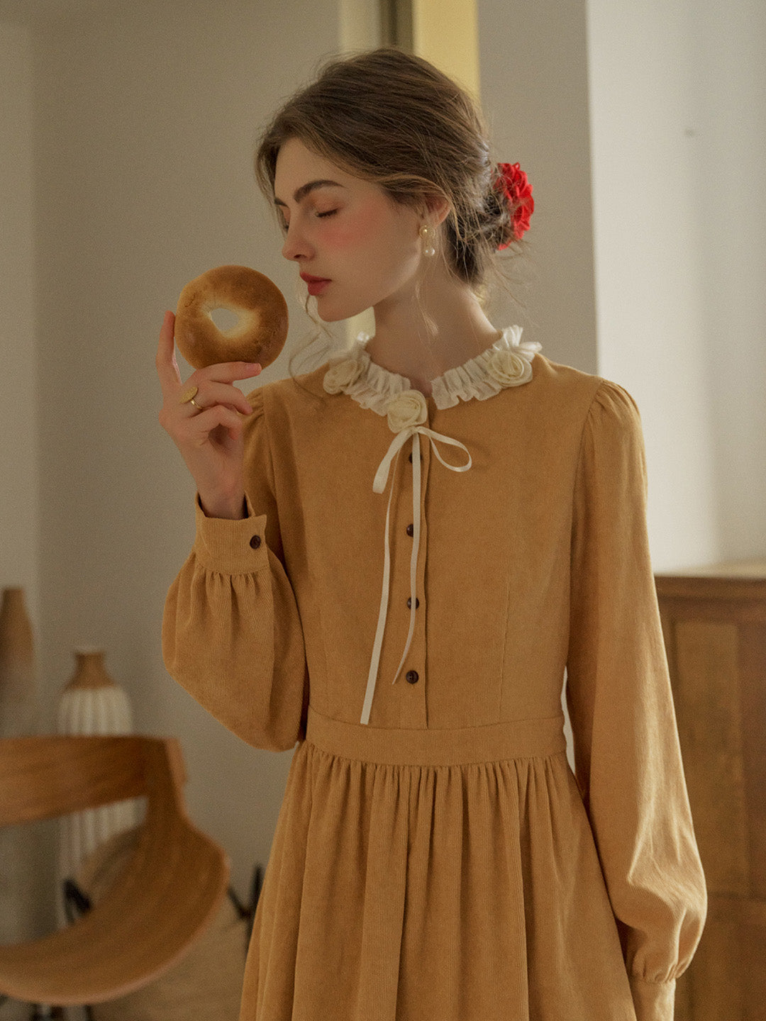 Amiri Romantic 3D Crochet Flowers Trimmed Corduroy Dress