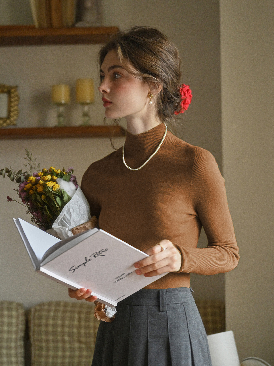 Erin 100% Wool Simple Mock Neck Slim Fit Sweater - Brown