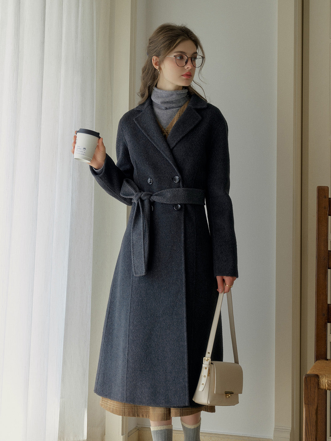 Tressa Notched Lapel A-Line Double-Breasted Button Wool Coat