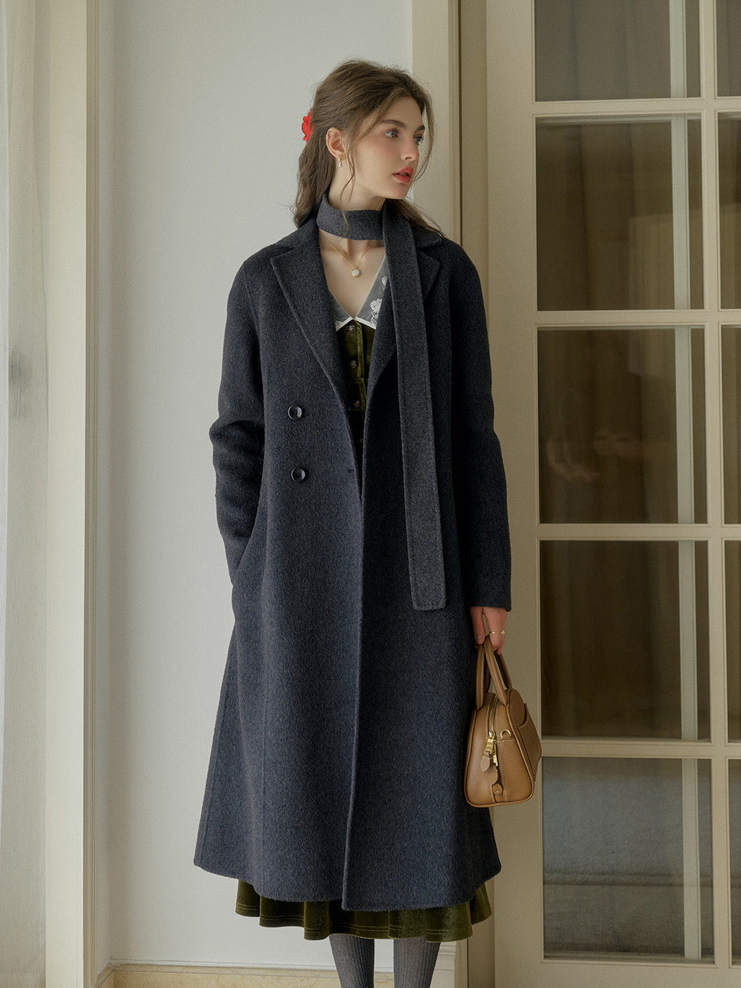 Tressa Notched Lapel A-Line Double-Breasted Button Wool Coat