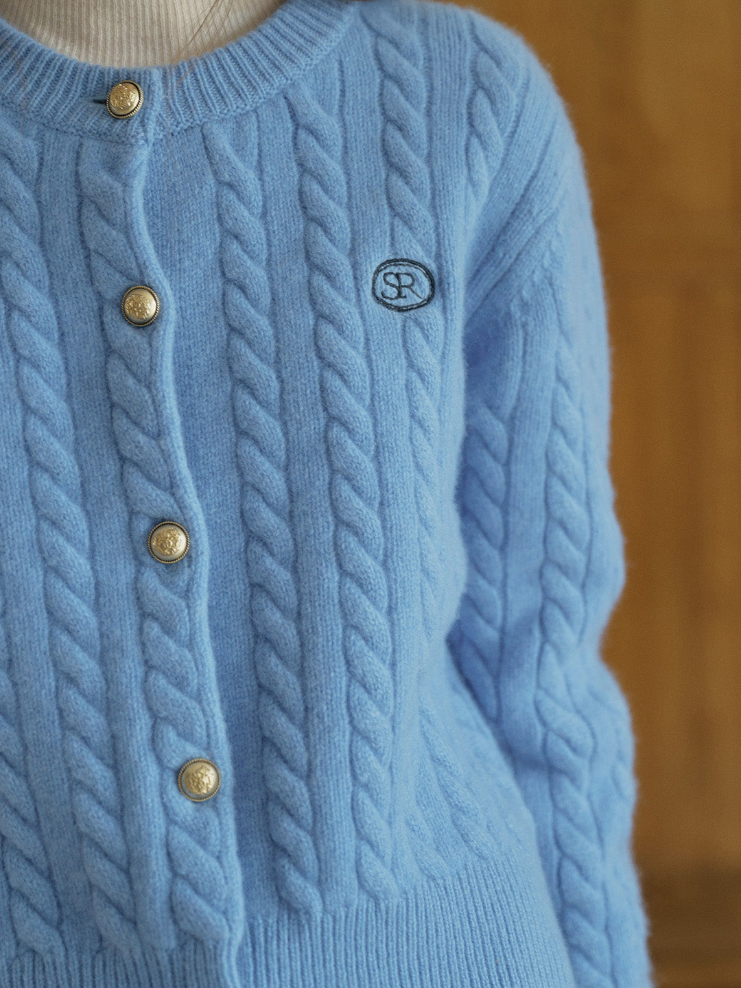 Carla SR Design Logo Round Neck Embroidered Knit 100% Wool Cardigan