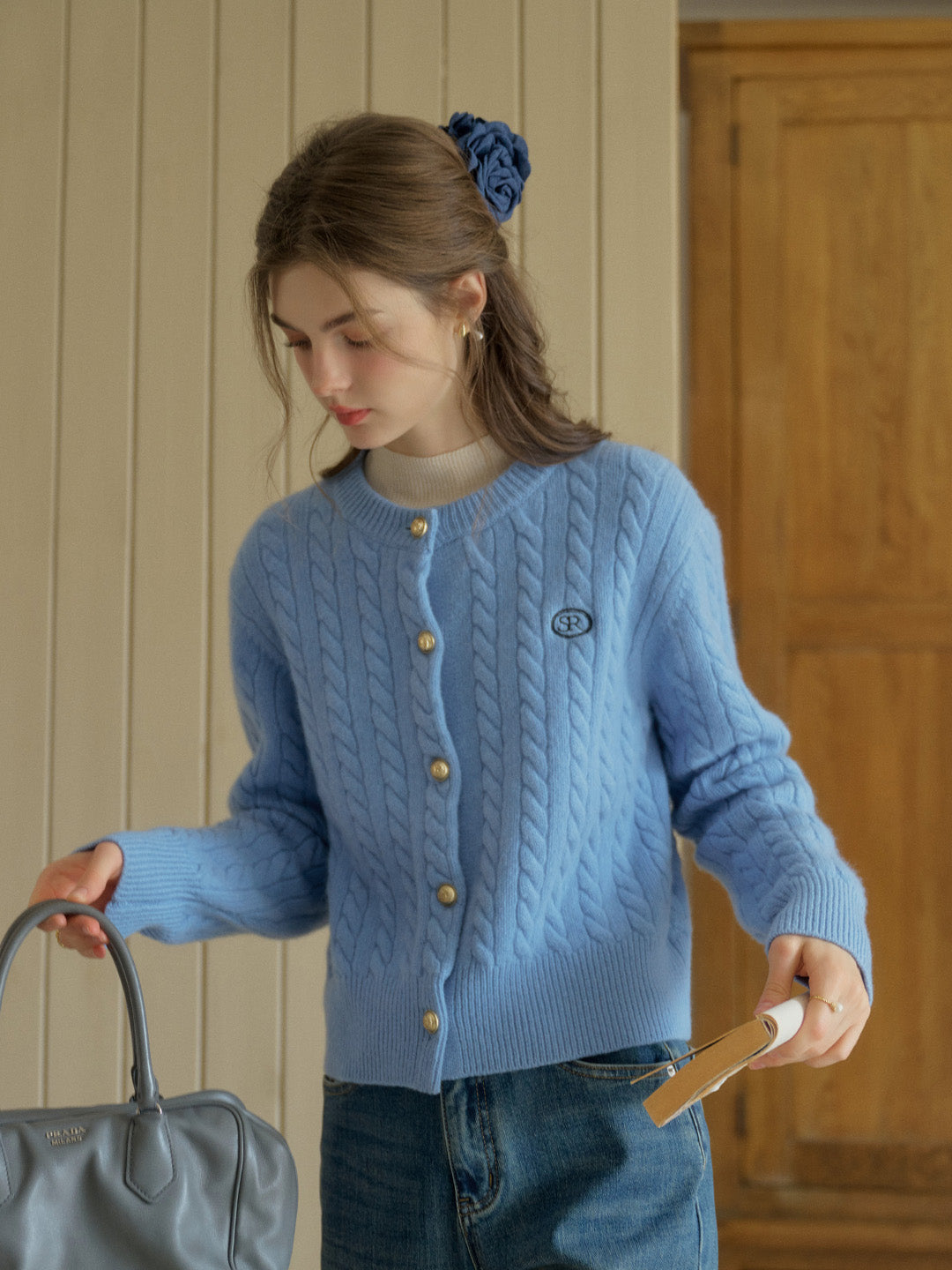 Carla SR Design Logo Round Neck Embroidered Knit 100% Wool Cardigan