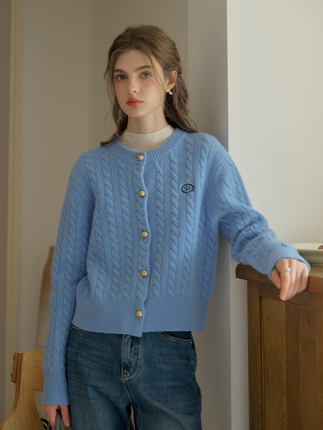 Carla SR Design Logo Round Neck Embroidered Knit 100% Wool Cardigan