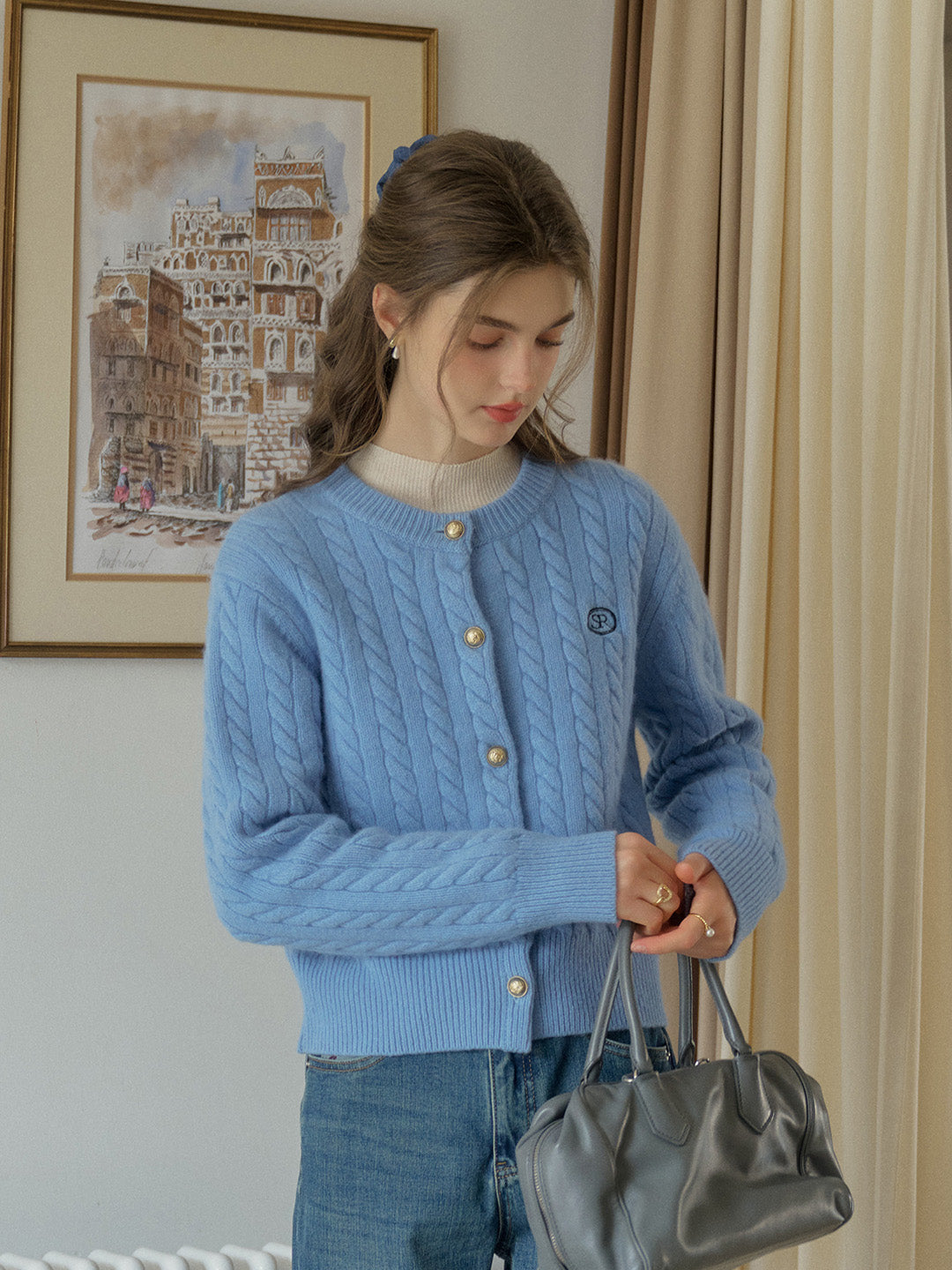 Carla SR Design Logo Round Neck Embroidered Knit 100% Wool Cardigan