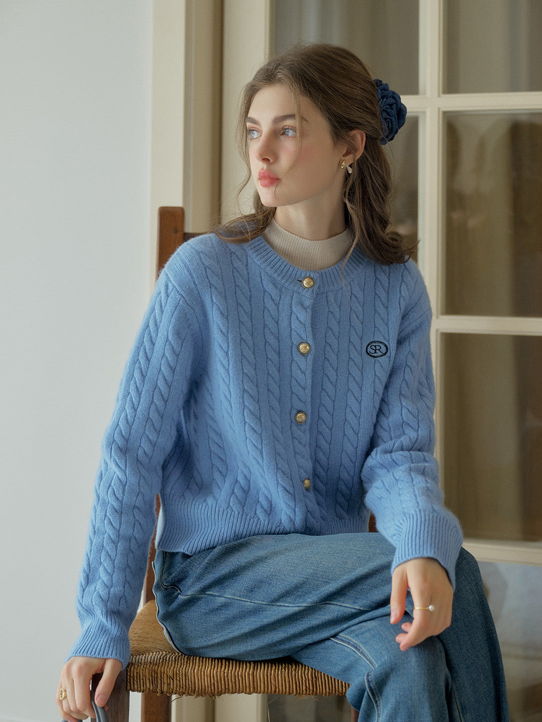 Carla SR Design Logo Round Neck Embroidered Knit 100% Wool Cardigan