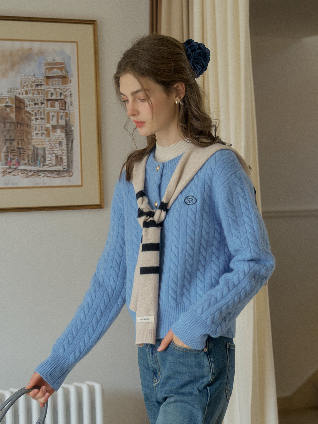 Carla SR Design Logo Round Neck Embroidered Knit 100% Wool Cardigan