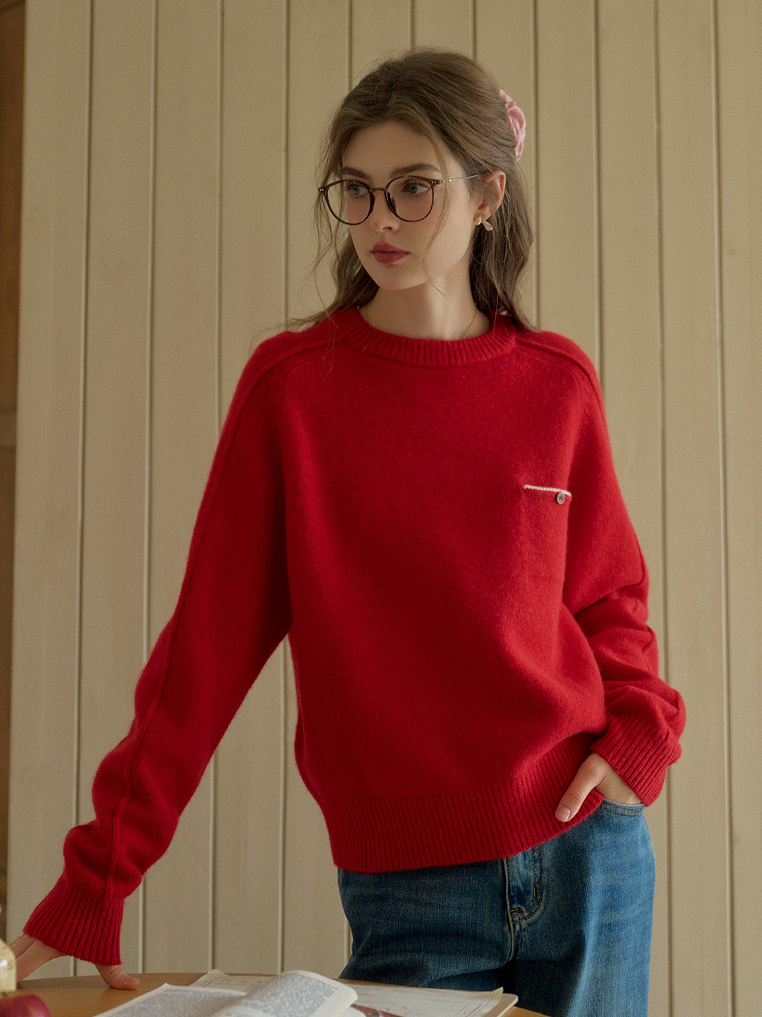 Natalie Solid Raglan Sleeve Pocket Patched 100% Wool Sweater - Red