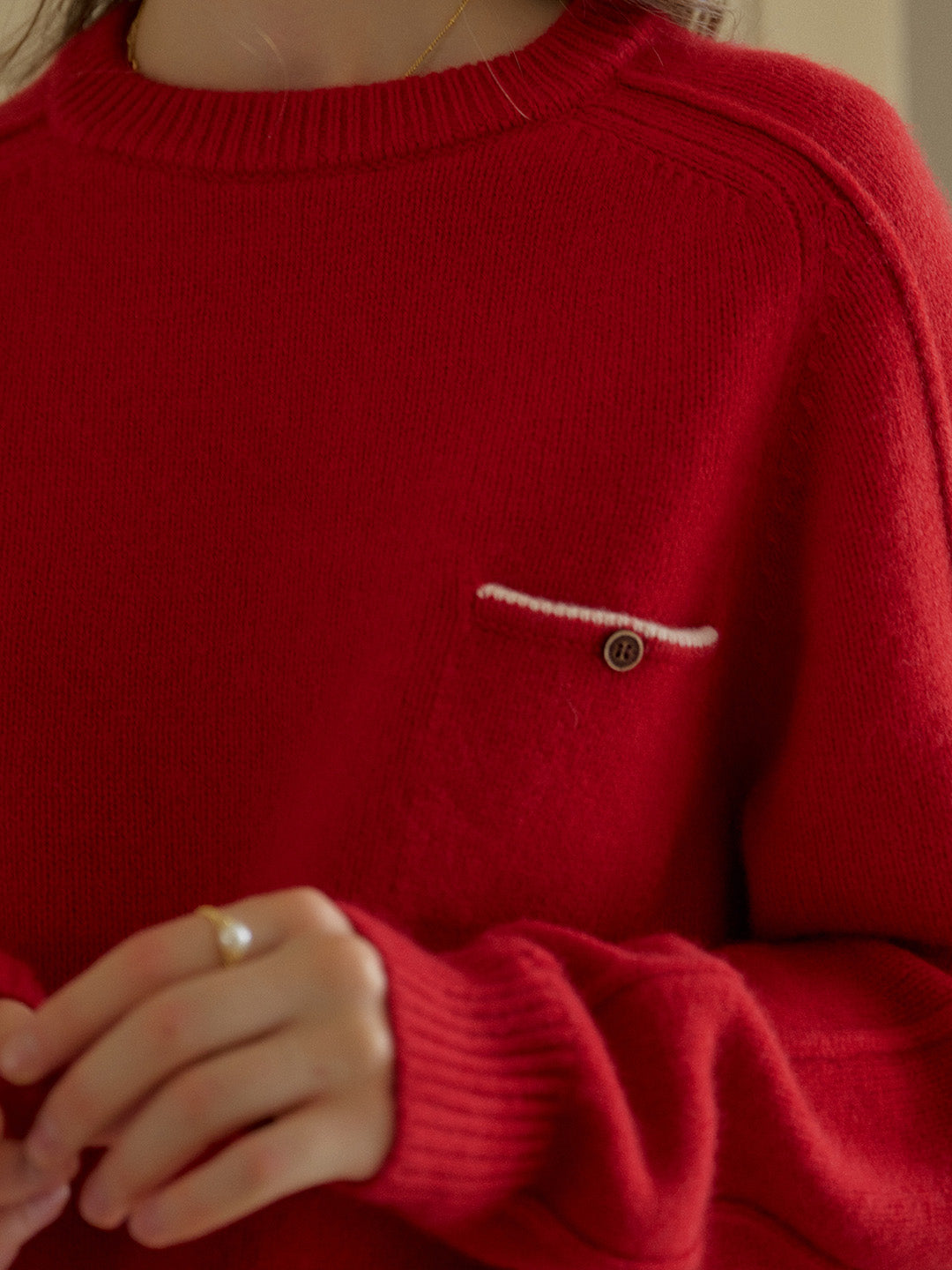 Natalie Solid Raglan Sleeve Pocket Patched 100% Wool Sweater - Red