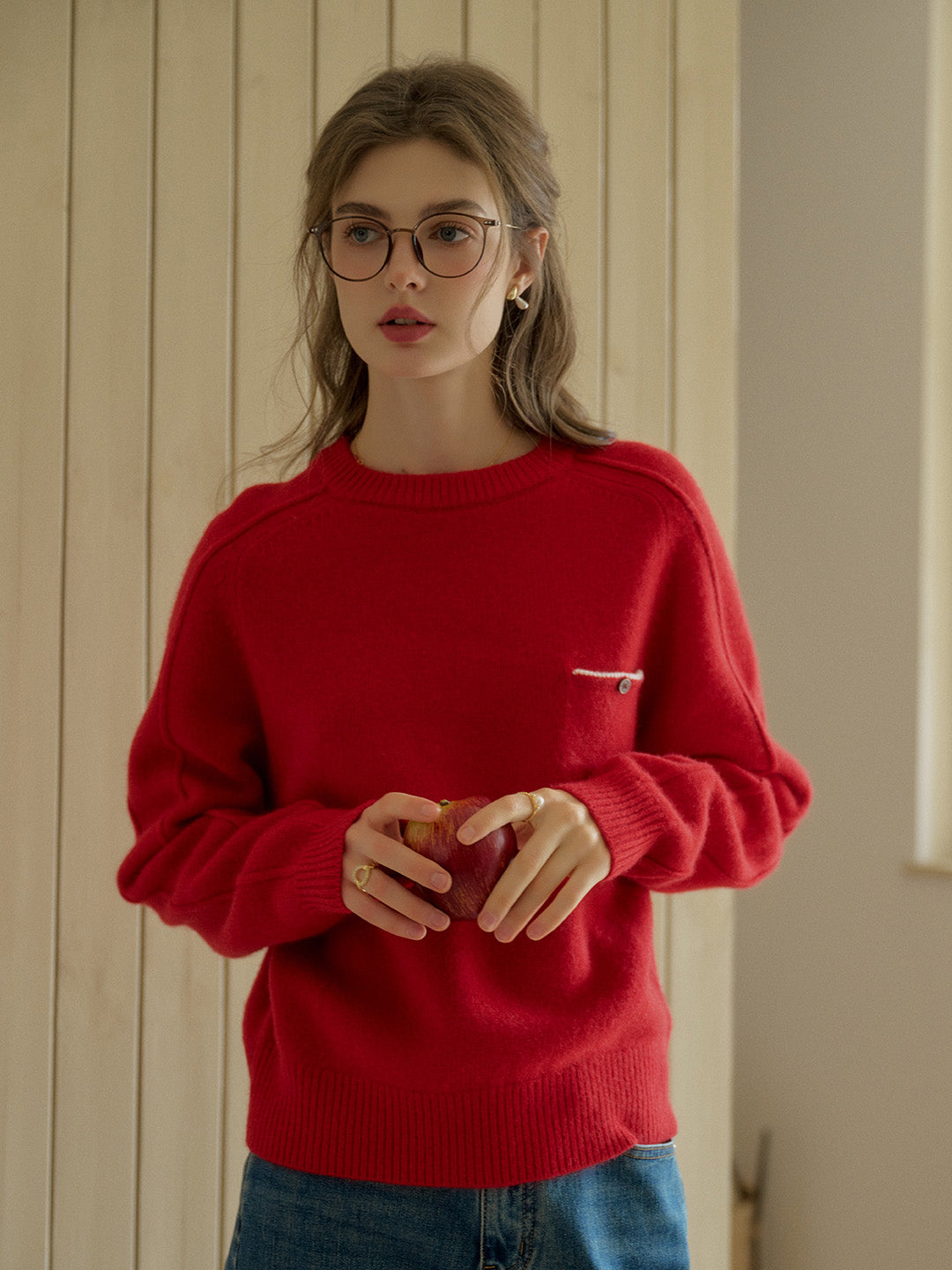 Natalie Solid Raglan Sleeve Pocket Patched 100% Wool Sweater - Red