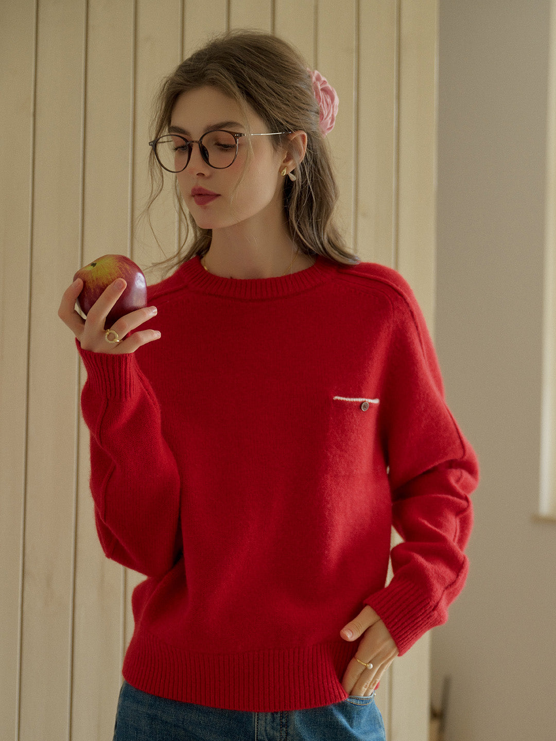 Natalie Solid Raglan Sleeve Pocket Patched 100% Wool Sweater - Red
