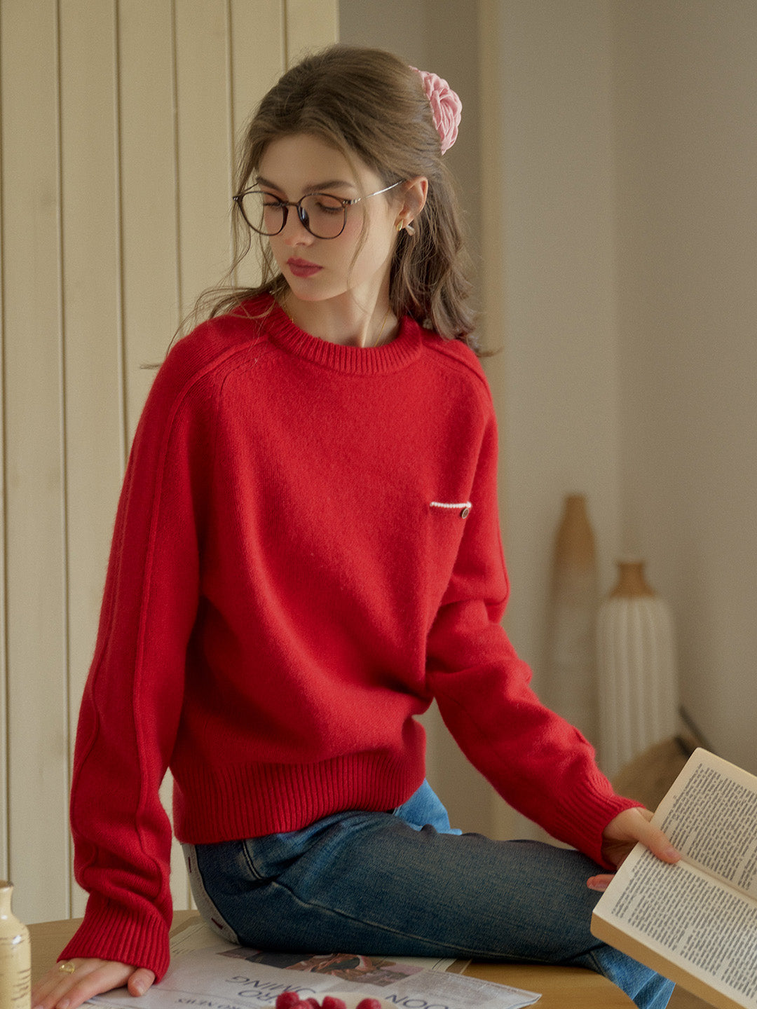 Natalie Solid Raglan Sleeve Pocket Patched 100% Wool Sweater - Red