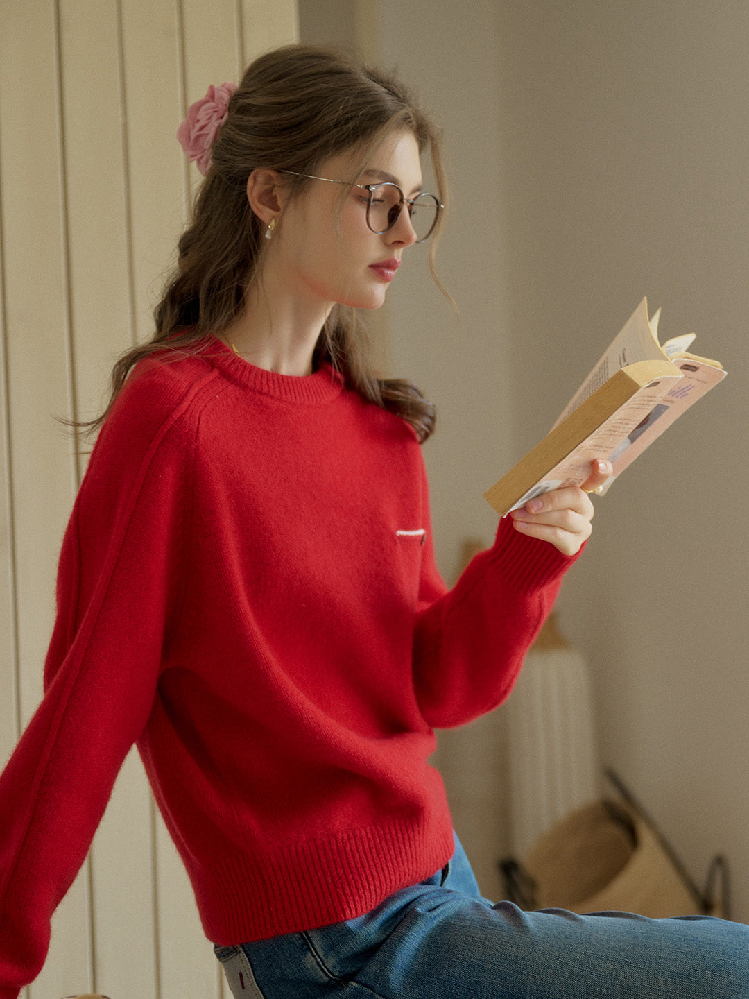 Natalie Solid Raglan Sleeve Pocket Patched 100% Wool Sweater - Red